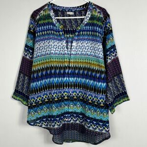 Antilia Femme Multicolour V-Neck Sheer Top Womens Sz 2X Blouse Boho Wide Sleeve